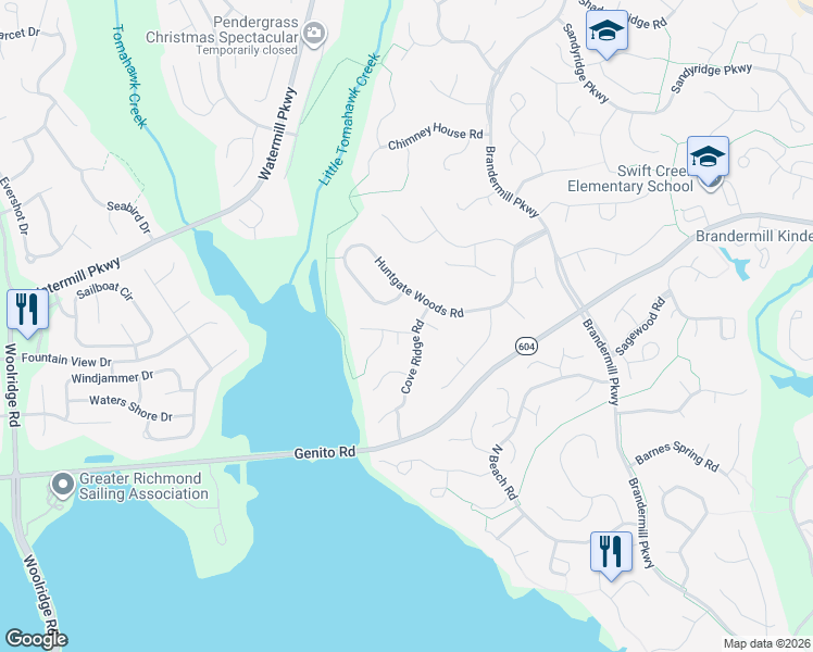map of restaurants, bars, coffee shops, grocery stores, and more near 14302 Cove Ridge Place in Midlothian