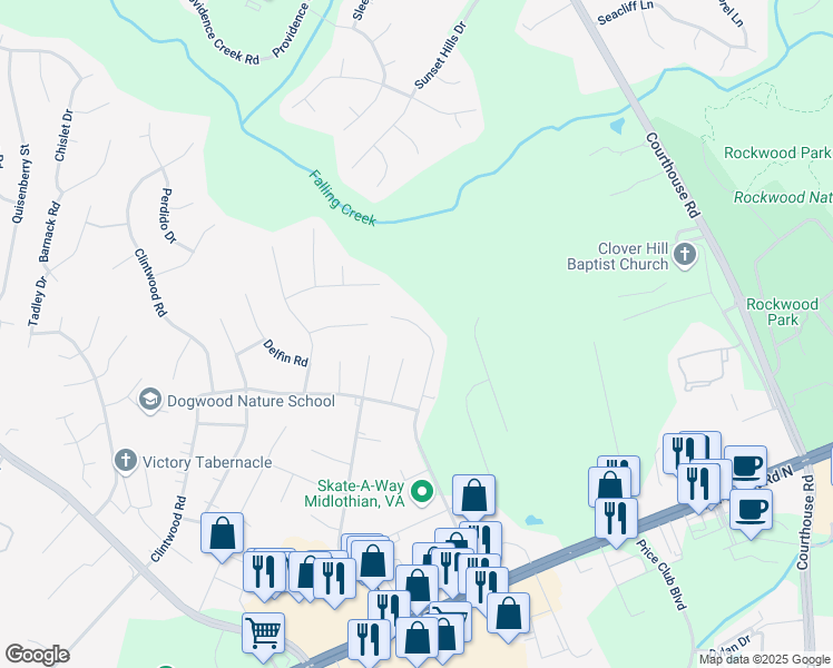 map of restaurants, bars, coffee shops, grocery stores, and more near 2936 Speeks Drive in Midlothian