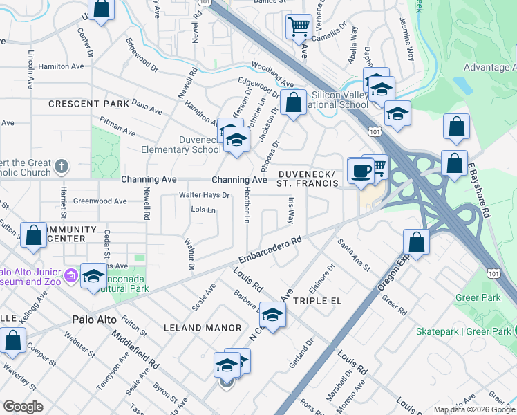 map of restaurants, bars, coffee shops, grocery stores, and more near 184 Heather Lane in Palo Alto