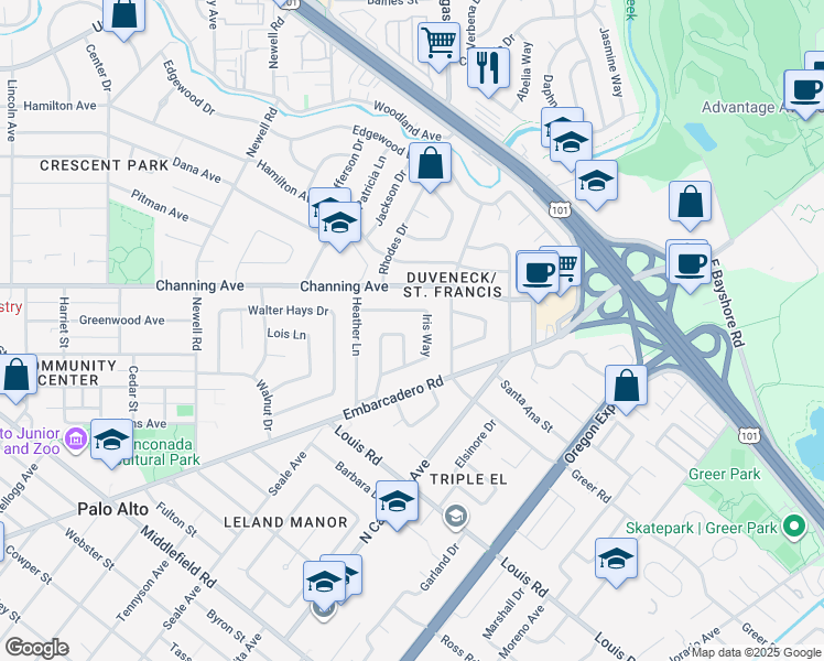map of restaurants, bars, coffee shops, grocery stores, and more near 161 Primrose Way in Palo Alto