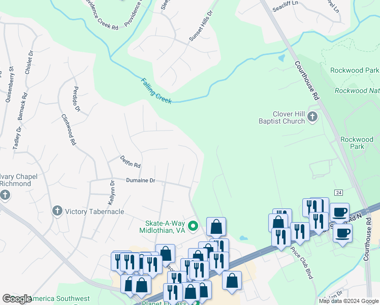 map of restaurants, bars, coffee shops, grocery stores, and more near 2936 Speeks Drive in Midlothian