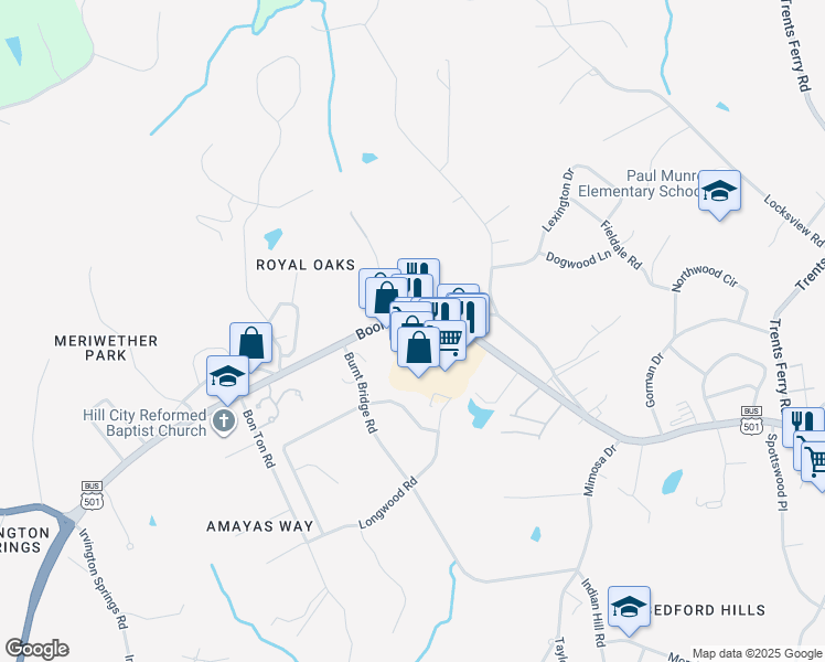 map of restaurants, bars, coffee shops, grocery stores, and more near 4925 Boonsboro Road in Lynchburg