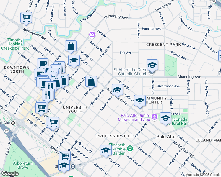 map of restaurants, bars, coffee shops, grocery stores, and more near 935 Middlefield Road in Palo Alto