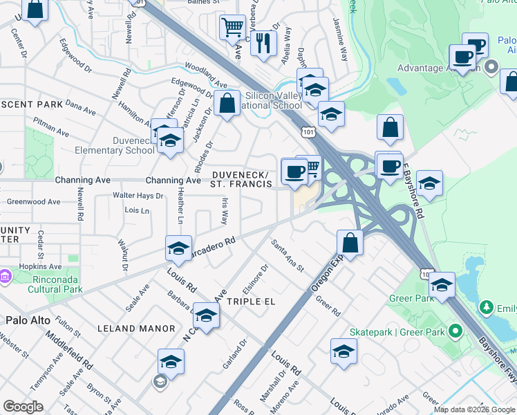 map of restaurants, bars, coffee shops, grocery stores, and more near 40 Tulip Lane in Palo Alto