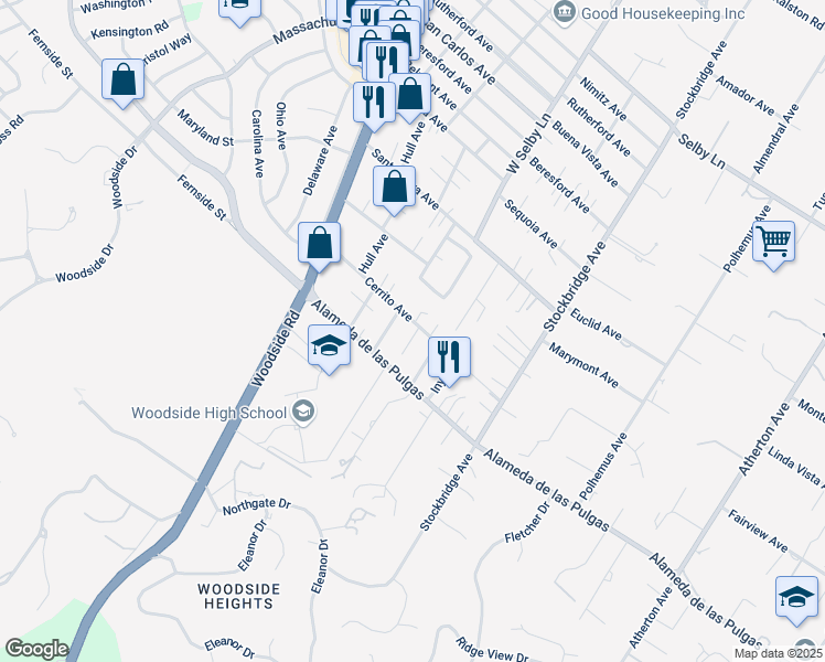 map of restaurants, bars, coffee shops, grocery stores, and more near 362 Cerrito Avenue in Redwood City