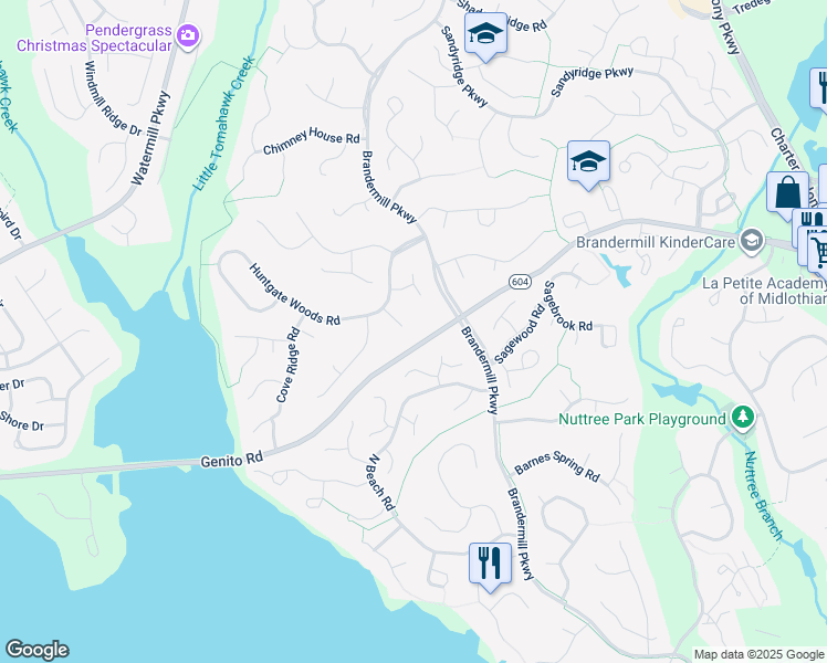 map of restaurants, bars, coffee shops, grocery stores, and more near 2807 Fairgate Road in Midlothian