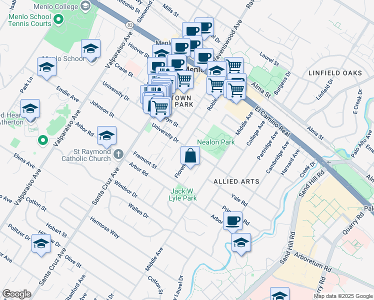 map of restaurants, bars, coffee shops, grocery stores, and more near 735 University Drive in Menlo Park