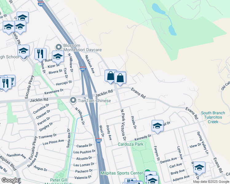 map of restaurants, bars, coffee shops, grocery stores, and more near 1227 Daniel Court in Milpitas