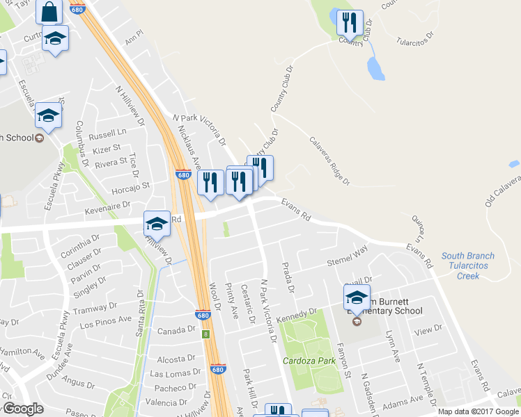 map of restaurants, bars, coffee shops, grocery stores, and more near 1311 Daniel Court in Milpitas