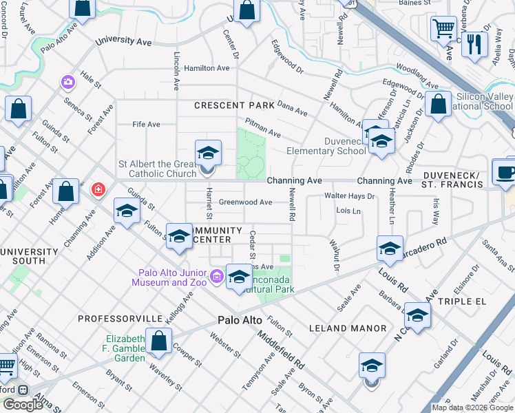 map of restaurants, bars, coffee shops, grocery stores, and more near 1310 Greenwood Avenue in Palo Alto