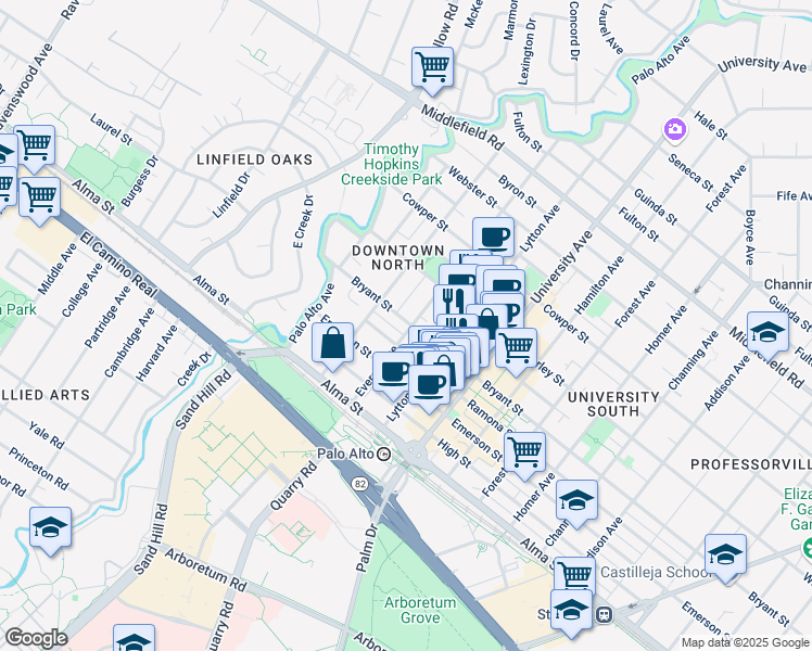 map of restaurants, bars, coffee shops, grocery stores, and more near 281 Everett Avenue in Palo Alto