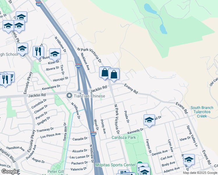 map of restaurants, bars, coffee shops, grocery stores, and more near 1227 Daniel Court in Milpitas