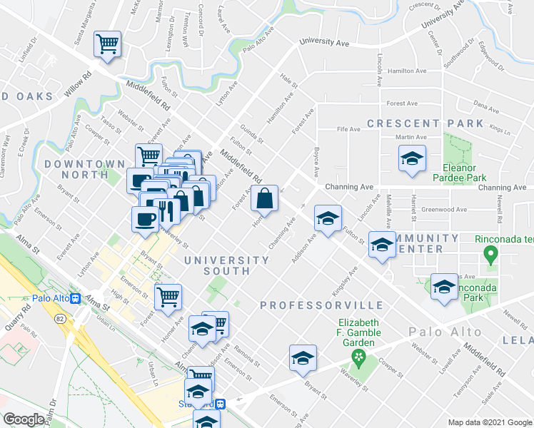 map of restaurants, bars, coffee shops, grocery stores, and more near in Palo Alto