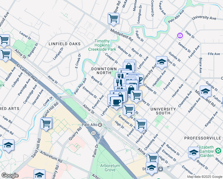 map of restaurants, bars, coffee shops, grocery stores, and more near 330 Everett Avenue in Palo Alto