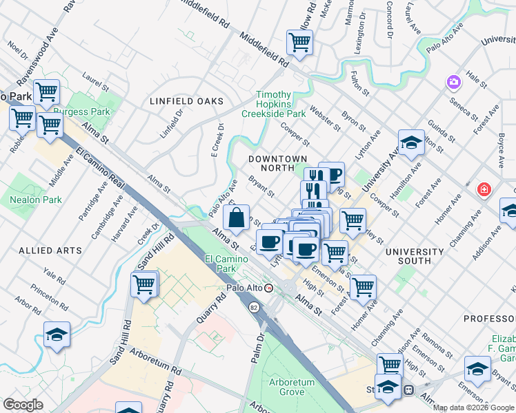 map of restaurants, bars, coffee shops, grocery stores, and more near 246 Hawthorne Avenue in Palo Alto