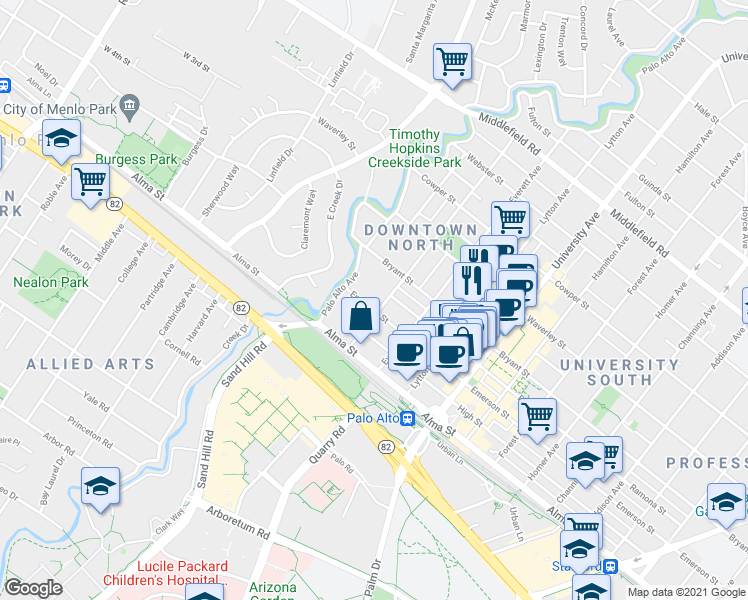 map of restaurants, bars, coffee shops, grocery stores, and more near 246 Hawthorne Avenue in Palo Alto