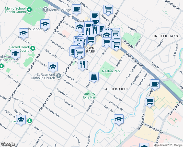 map of restaurants, bars, coffee shops, grocery stores, and more near 724 University Drive in Menlo Park