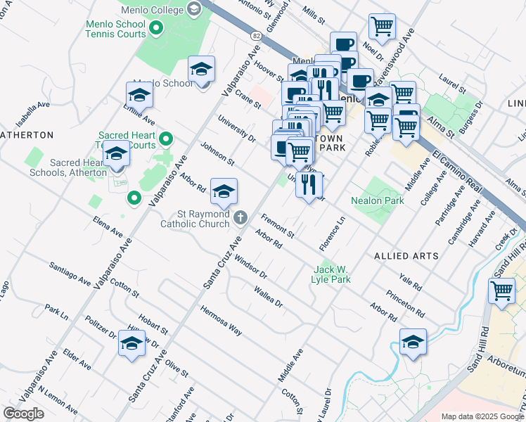 map of restaurants, bars, coffee shops, grocery stores, and more near 1070 Fremont Street in Menlo Park