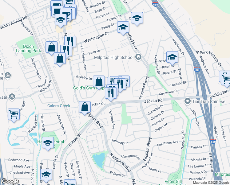 map of restaurants, bars, coffee shops, grocery stores, and more near 301 Jacklin Road in Milpitas