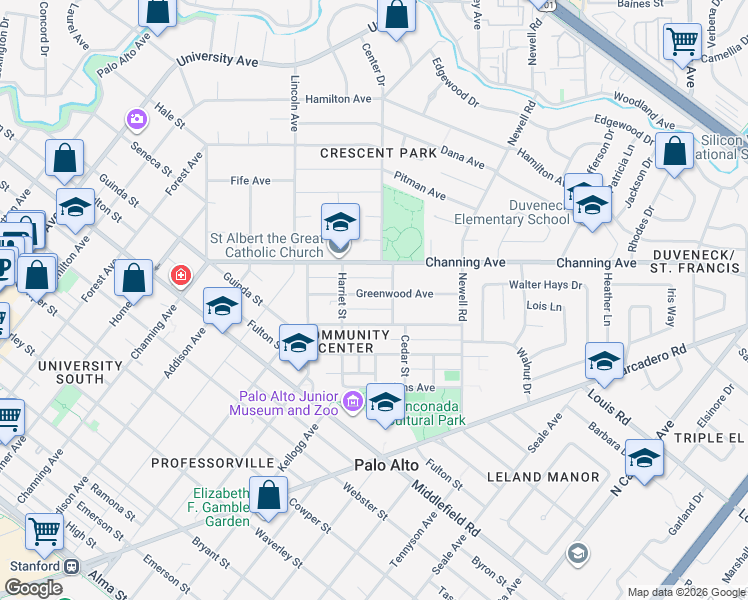 map of restaurants, bars, coffee shops, grocery stores, and more near 1160 Greenwood Avenue in Palo Alto