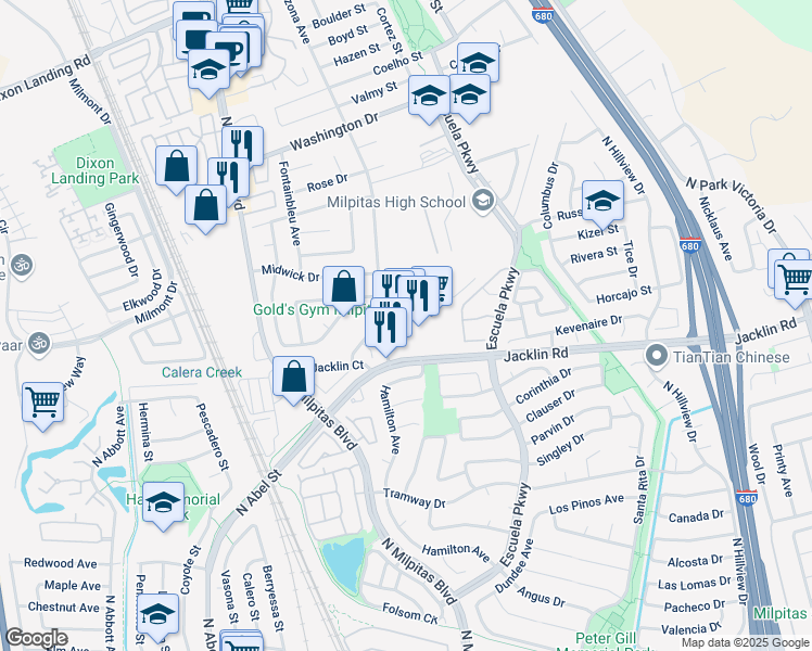 map of restaurants, bars, coffee shops, grocery stores, and more near 301 Jacklin Road in Milpitas