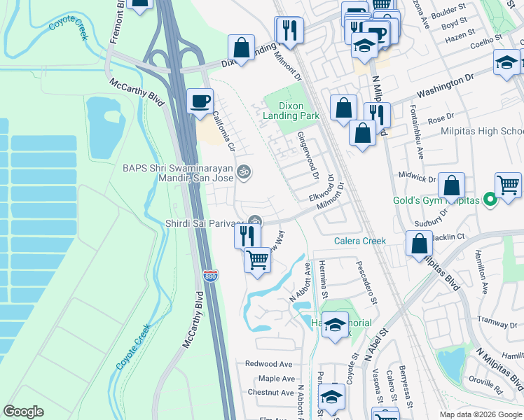 map of restaurants, bars, coffee shops, grocery stores, and more near 418 Desert Holly Street in Milpitas