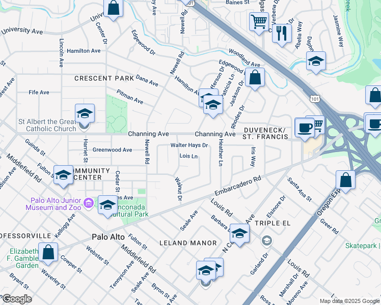 map of restaurants, bars, coffee shops, grocery stores, and more near 180 Lois Lane in Palo Alto