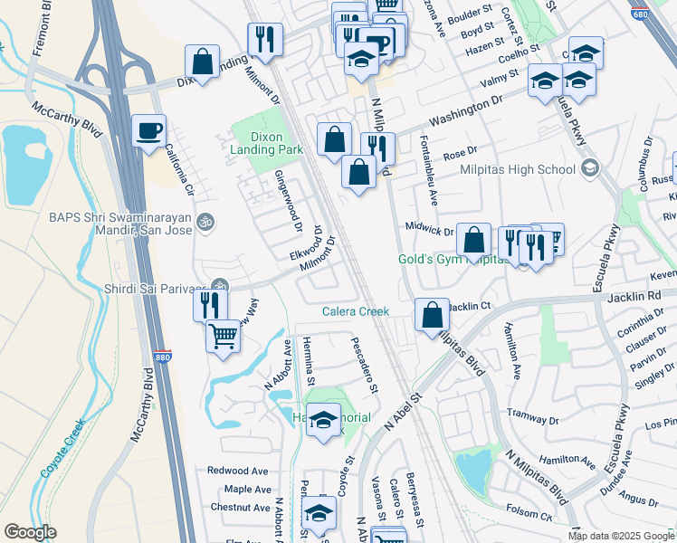 map of restaurants, bars, coffee shops, grocery stores, and more near 1190 Seaside Way in Milpitas