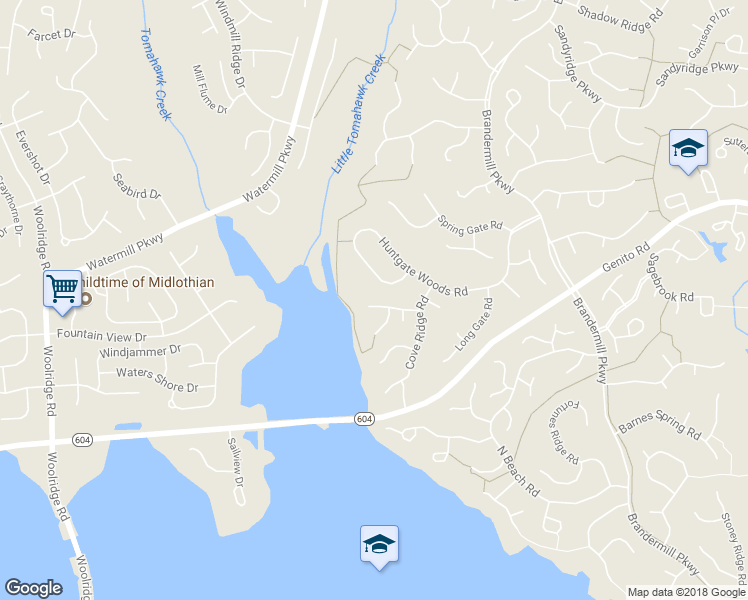 map of restaurants, bars, coffee shops, grocery stores, and more near 14314 Cove Ridge Place in Midlothian