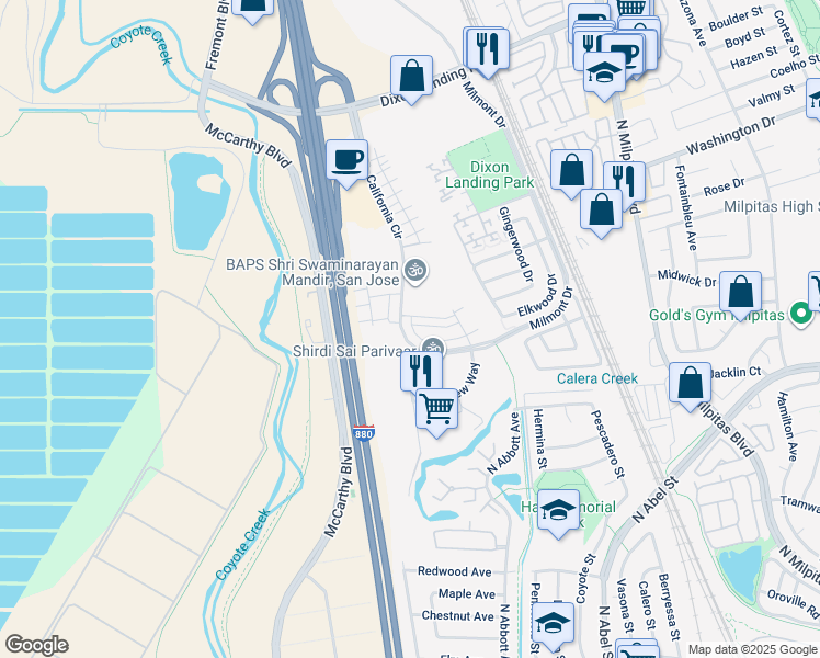 map of restaurants, bars, coffee shops, grocery stores, and more near 1206 California Circle in Milpitas