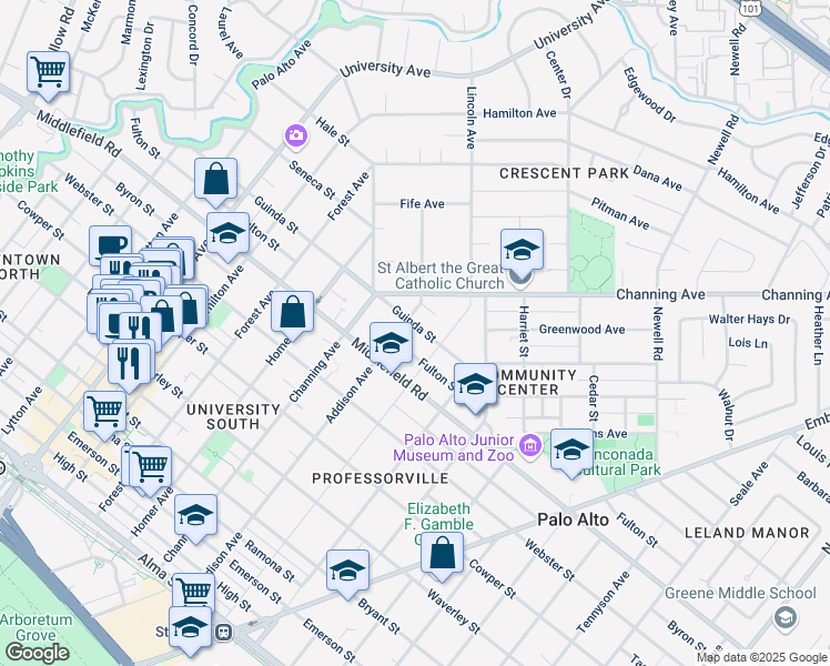 map of restaurants, bars, coffee shops, grocery stores, and more near 1020 Guinda Street in Palo Alto