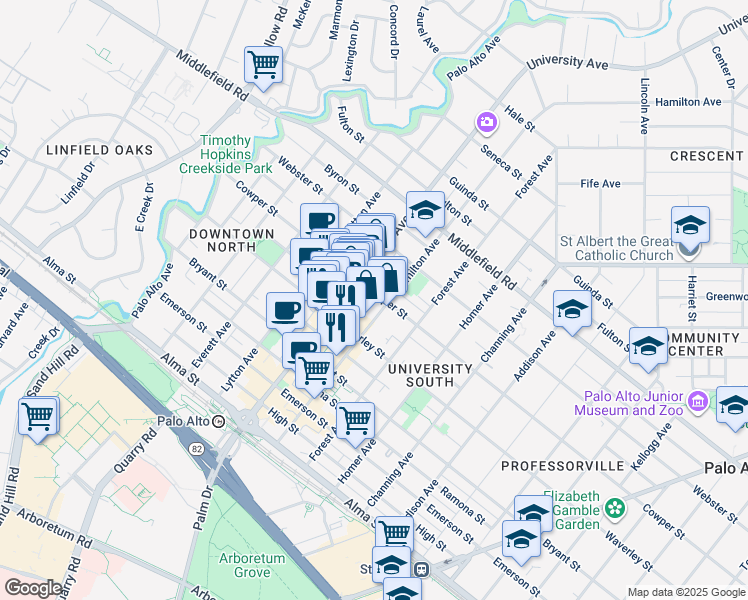 map of restaurants, bars, coffee shops, grocery stores, and more near 540 Cowper Street in Palo Alto
