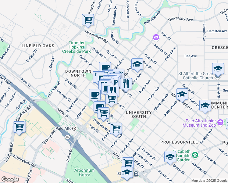 map of restaurants, bars, coffee shops, grocery stores, and more near 432 University Avenue in Palo Alto