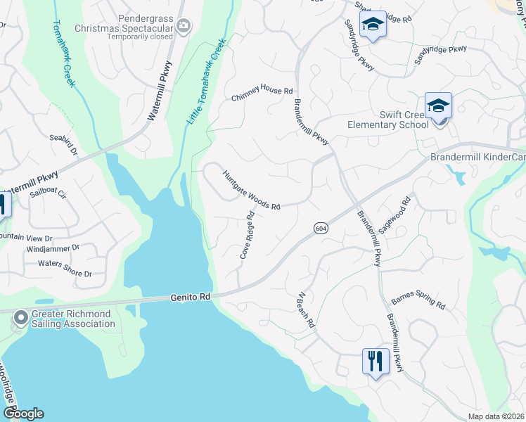 map of restaurants, bars, coffee shops, grocery stores, and more near 14208 Cove Ridge Court in Midlothian
