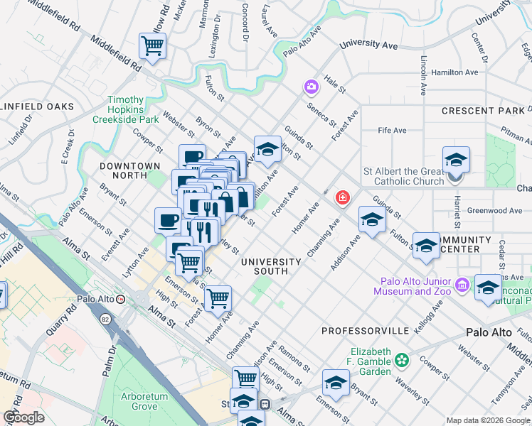 map of restaurants, bars, coffee shops, grocery stores, and more near 619 Cowper Street in Palo Alto