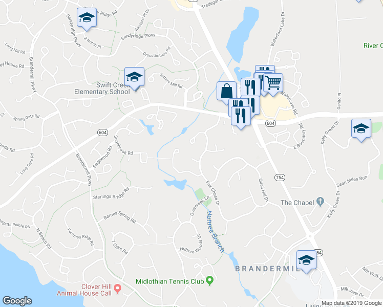 map of restaurants, bars, coffee shops, grocery stores, and more near 13706 Steeple Chase Terrace in Midlothian