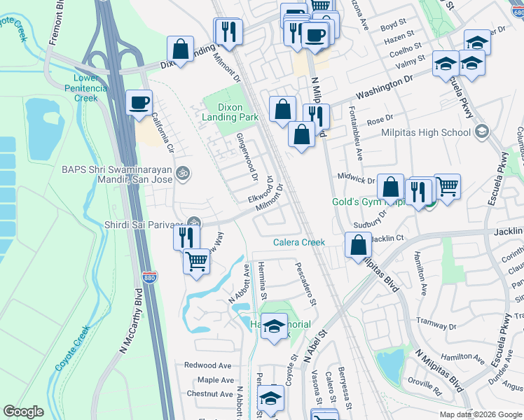 map of restaurants, bars, coffee shops, grocery stores, and more near 247 Balboa Drive in Milpitas
