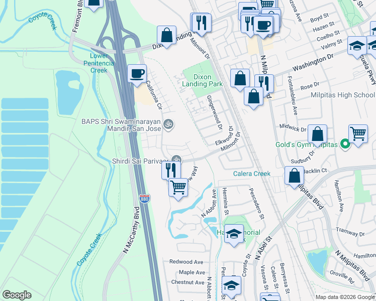 map of restaurants, bars, coffee shops, grocery stores, and more near 1279 Milkweed Street in Milpitas