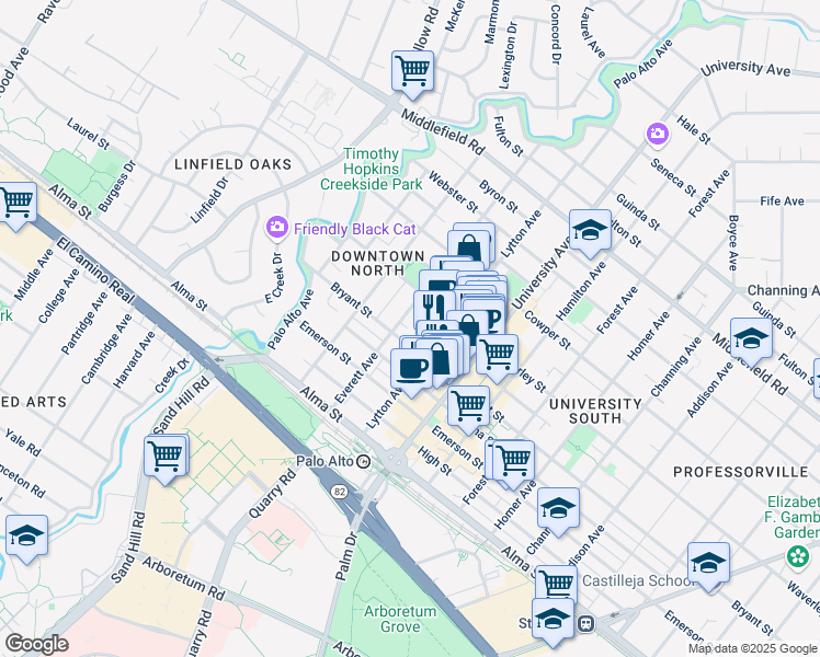 map of restaurants, bars, coffee shops, grocery stores, and more near 330 Everett Avenue in Palo Alto