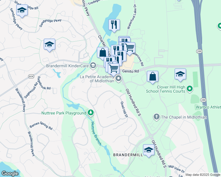 map of restaurants, bars, coffee shops, grocery stores, and more near 3123 Quail Hill Drive in Midlothian