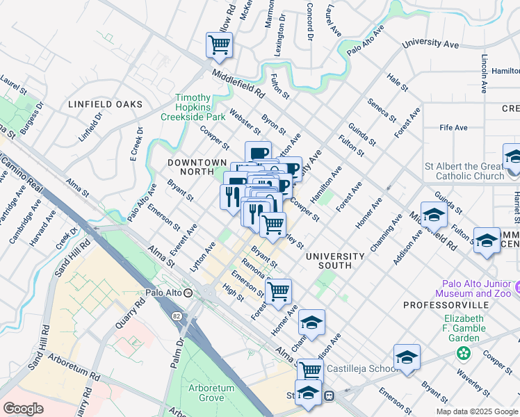 map of restaurants, bars, coffee shops, grocery stores, and more near 422 Waverley Street in Palo Alto