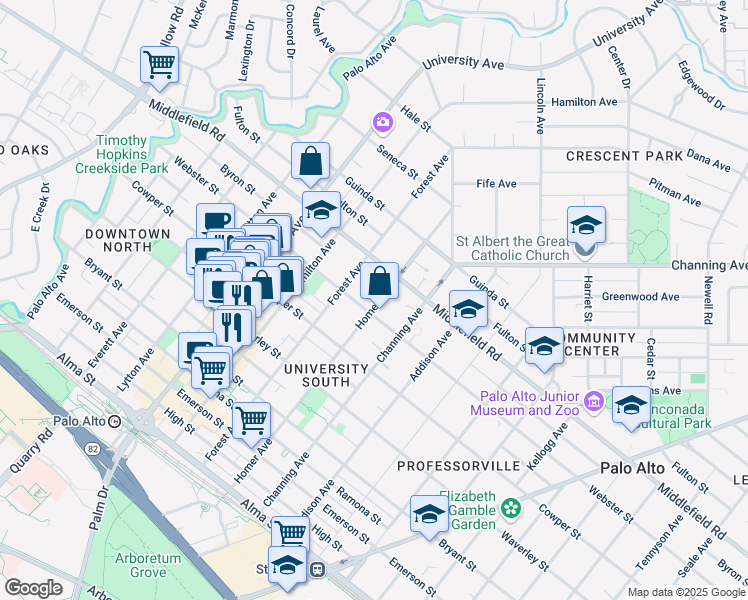 map of restaurants, bars, coffee shops, grocery stores, and more near 617 Homer Avenue in Palo Alto
