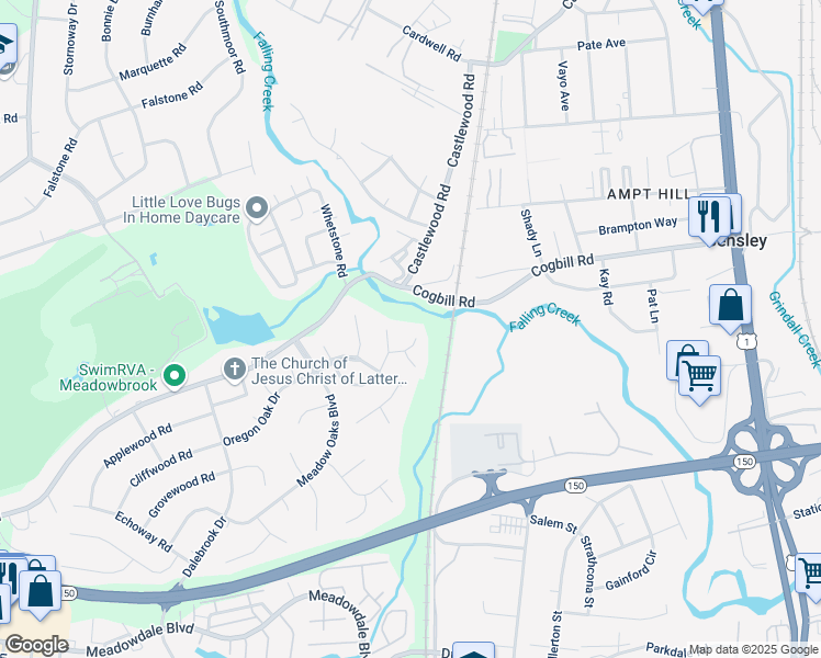 map of restaurants, bars, coffee shops, grocery stores, and more near 3206 Meadow Glen Lane in Richmond