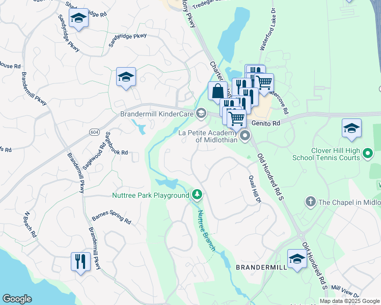 map of restaurants, bars, coffee shops, grocery stores, and more near 3010 Fox Chase Drive in Midlothian