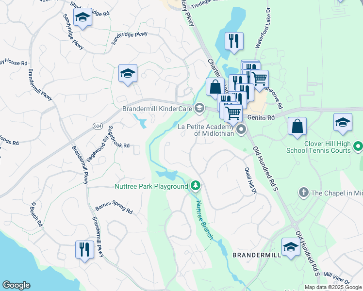 map of restaurants, bars, coffee shops, grocery stores, and more near 13706 Steeple Chase Terrace in Midlothian