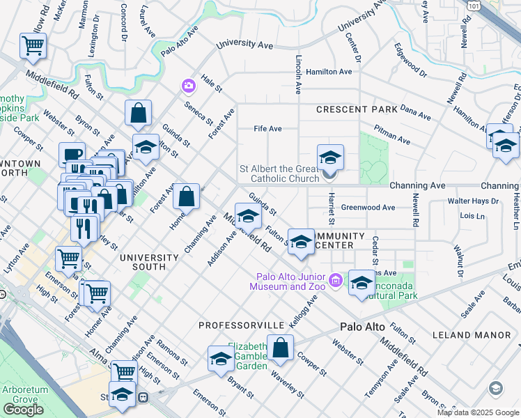 map of restaurants, bars, coffee shops, grocery stores, and more near 1010 Guinda Street in Palo Alto