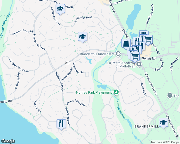 map of restaurants, bars, coffee shops, grocery stores, and more near 13912 Sagebrook Road in Midlothian