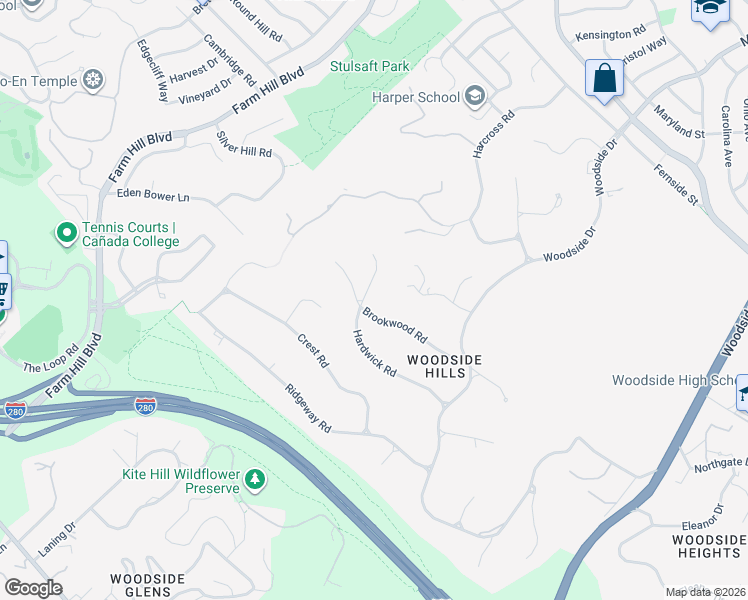 map of restaurants, bars, coffee shops, grocery stores, and more near 200 Hardwick Road in Woodside