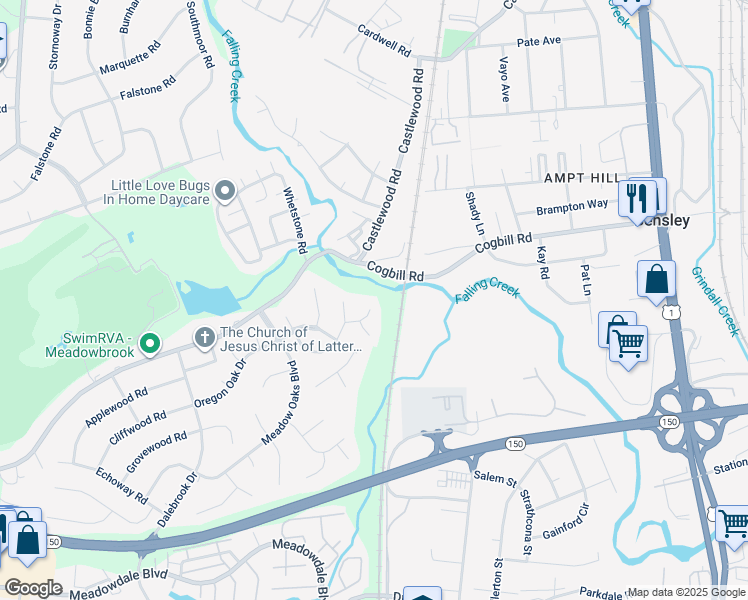 map of restaurants, bars, coffee shops, grocery stores, and more near 3200 Meadow Glen Lane in Richmond