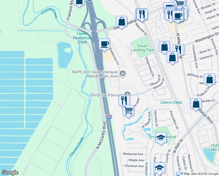 map of restaurants, bars, coffee shops, grocery stores, and more near 1301 California Circle in Milpitas